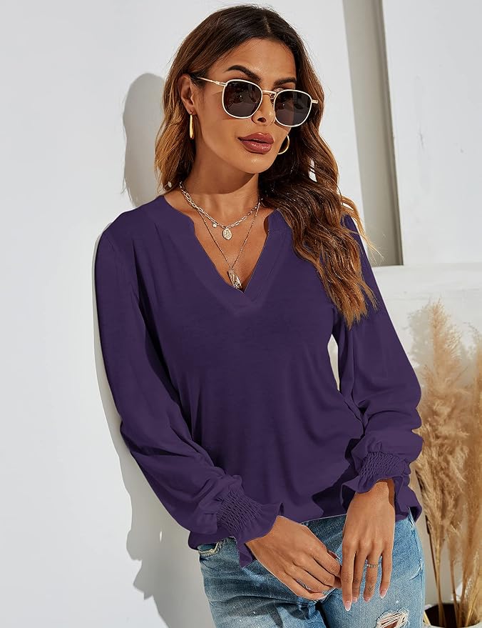 Romanstii Women's Casual V-Neck T-Shirts Loose Puff Long Sleeve Tops Tunic Blouses