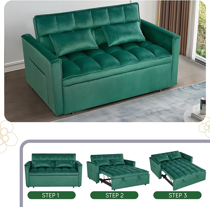 3 in 1 Convertible Sleeper Sofa Bed, Futon Couches for Living Room with Side Pocket | Adjustable Backrest| Velvet Fabric | Pull Out Couch | Love seat Sofa|2-seat Sofa Bed (Green)