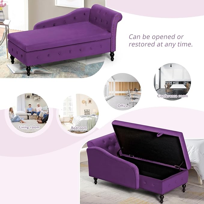 ACMEASE Upholstered Chaise Lounge with Right Armrest & Lumbar Pillow,Button Tufted Lounge Sofa with Storage,Lounge Chair Indoor,Modern Velvet Lounge Chair for Bedroom, Living Room and Office,Purpel