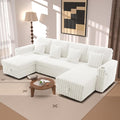 124" Sectional Sleeper Sofa with Pull Out Bed, Comfy Fluffy Plush Corduroy Cloud Sectional Couches for Living Room, U Shaped Modular Couch with Storage Chaise, Cup Holder & USB Charger, Beige