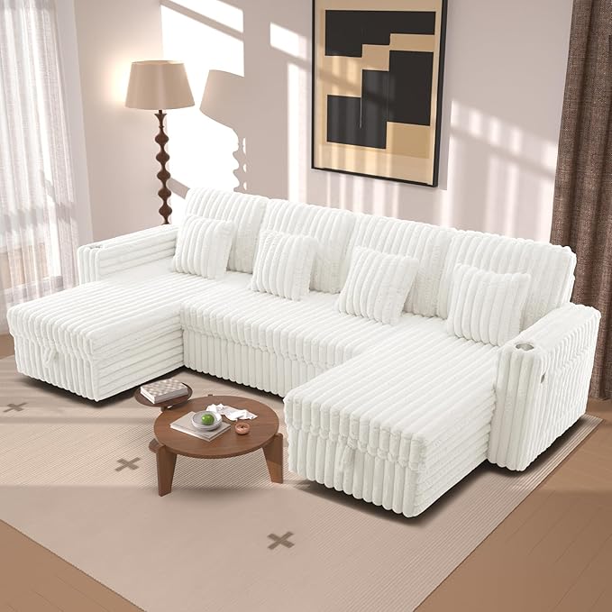 124" Sectional Sleeper Sofa with Pull Out Bed, Comfy Fluffy Plush Corduroy Cloud Sectional Couches for Living Room, U Shaped Modular Couch with Storage Chaise, Cup Holder & USB Charger, Beige