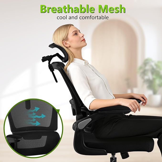 Redragon Ergonomic Office Chair, High Mesh Back Home Desk Chair with Adjustable Headrest, Flip-Up Arms, 90-120° Tilt Rocking and Wide Cushion, Big and Tall Chairs for Man Woman, Black