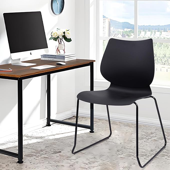 Stackable Waiting Room Chair, Stacking Office Chair with Ergonomic Lumbar Support and Metal Legs, Plastic Desk Chairs for Conference School Church Guest Reception Set of 4, Black