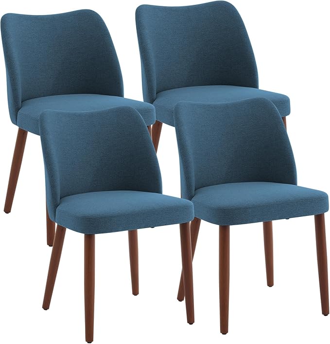 ElfinAura Dining Chair Set of 4, Linen Upholstered Dining Chair with Wood Legs, Wing Backrest, Wooden Kitchen Chair, Kitchen Chairs with Thick Cushions for Dining Room, Living Room, Blue