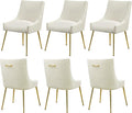 WUTUTUEE Velvet Dining Chairs Set of 6 Gold Legs,Upholstered Velvet Accent Chairs, Pleated Back Design & Gold Pull Handle, Mid Century Modern Chairs for Dining/Kitchen/Living Room,Beige