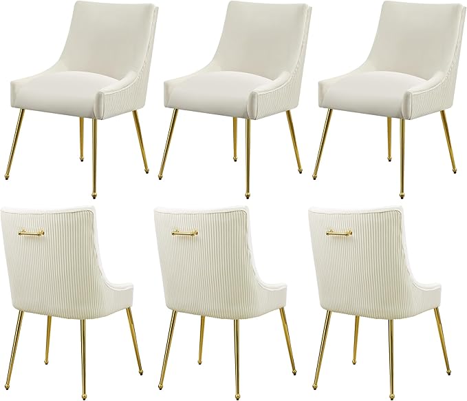 WUTUTUEE Velvet Dining Chairs Set of 6 Gold Legs,Upholstered Velvet Accent Chairs, Pleated Back Design & Gold Pull Handle, Mid Century Modern Chairs for Dining/Kitchen/Living Room,Beige