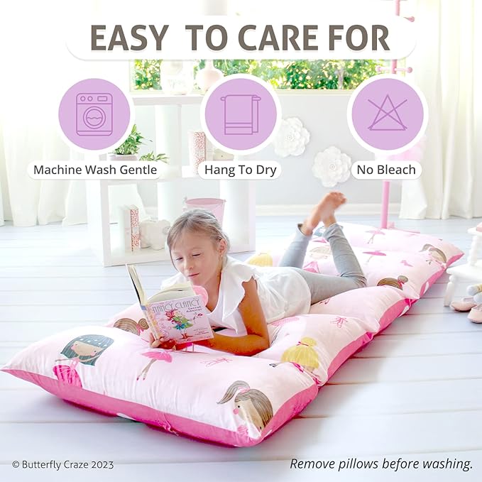 Butterfly Craze Floor Lounger Cover - Machine Washable Floor Mattress Cover - Versatile Seating & Sleeping Pad Alternative - Guest Bed Option for Sleepovers - King Size, Pink Ballerina