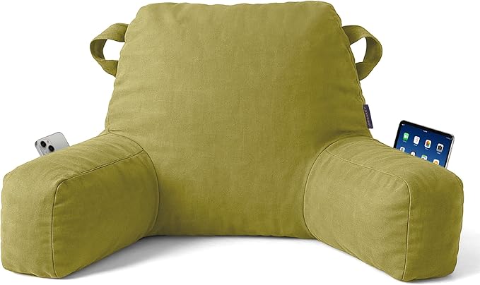 Unisakey Portable Comfy Reading Pillows for Bed Sitting Up(Pale Green Oeko-Tex), Velvet Back Pillow with Arms & Pockets for Adults, Support Memory Foam Bed Pillow for Dorm/Reading/Watching/Gaming