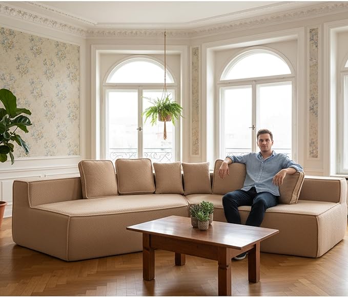 KEIKI 132" Extra Wide Teddy Modular Sectional Sofa All Foam Cushion Deep Support Cozy Theater Room Couch for Streaming Gaming Media Room Family Entertainment Comfortable Seating