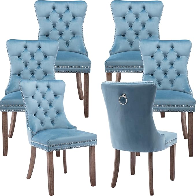 YeahFurn Sky Blue Mid Century Modern Dining Chairs Set of 6, Velvet Upholstered Kitchen & Dining Room Chairs with Nailhead Trim & Solid Wood Legs, Elegant Sillas De Comedor (Sky Blue, 6 Pcs)