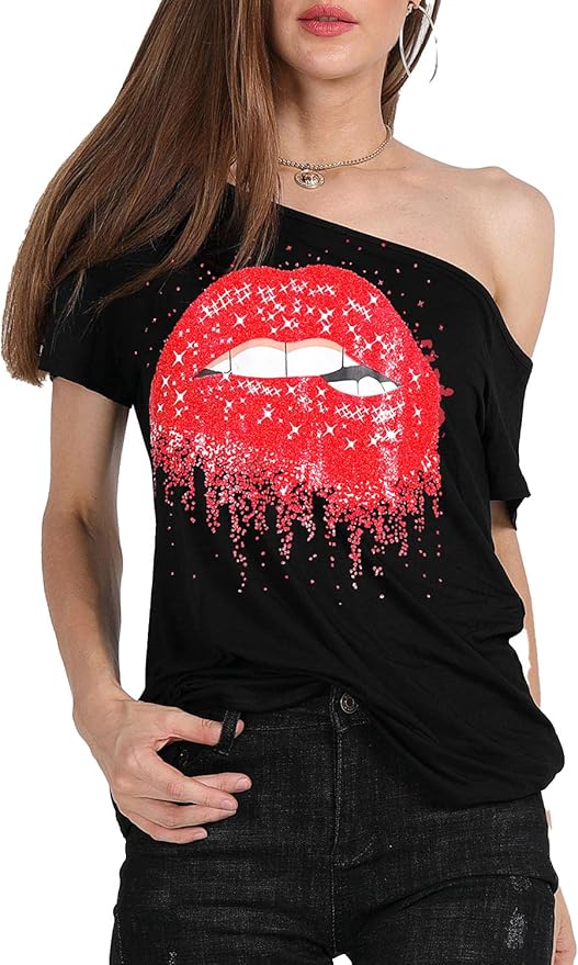 MAGICMK Women’s Short Lips Print Causal Off The Shoulder Plus Size T-Shirt Tops