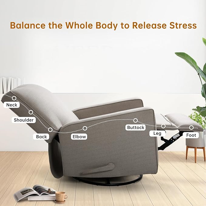 KeyEnergy Swivel Rocker Recliner Chair for Adults, High Back Fabric Recliner with Deep Seat, Manual Glider for Living Room & Nursery, Grey