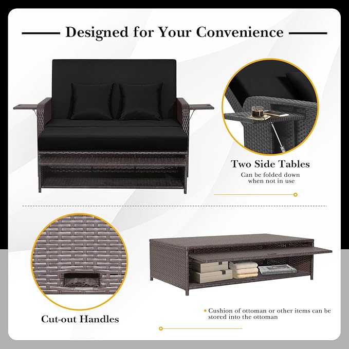 RELAX4LIFE Wicker Patio Outdoor Daybed - Rattan Day Bed Lounger with Loveseat & Storage Ottoman, Sunbed Sofa Set w/Cushions, 4-Level Adjustable Backrest & 2 Retractable Trays, Patio Daybed (Black)