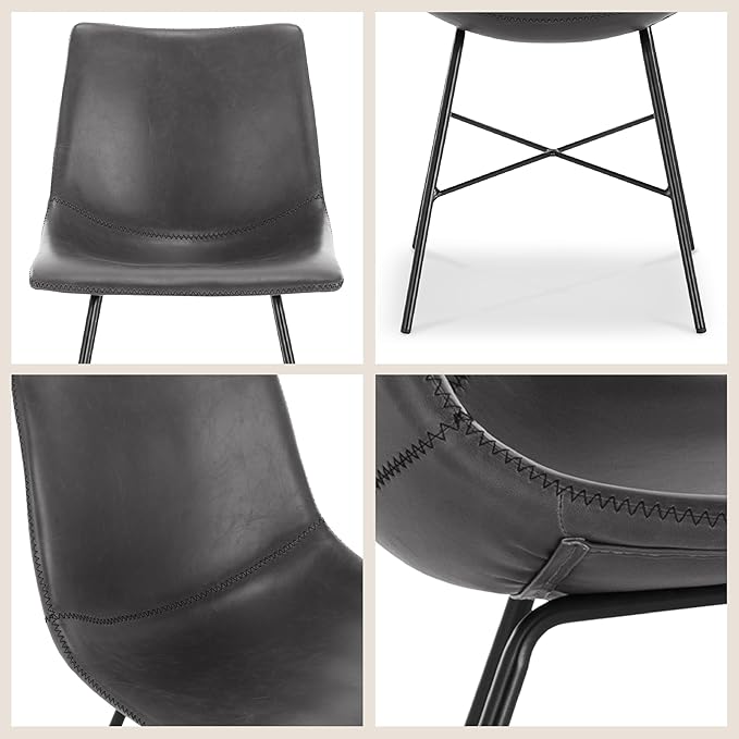 POLY & BARK Paxton Leather Dining Chairs – Set of 2 Modern Dining Room Chairs with Low Back – Faux Leather Upholstery and Matte Black Steel Base – Comfortable Seating for Stylish Interiors – Grey