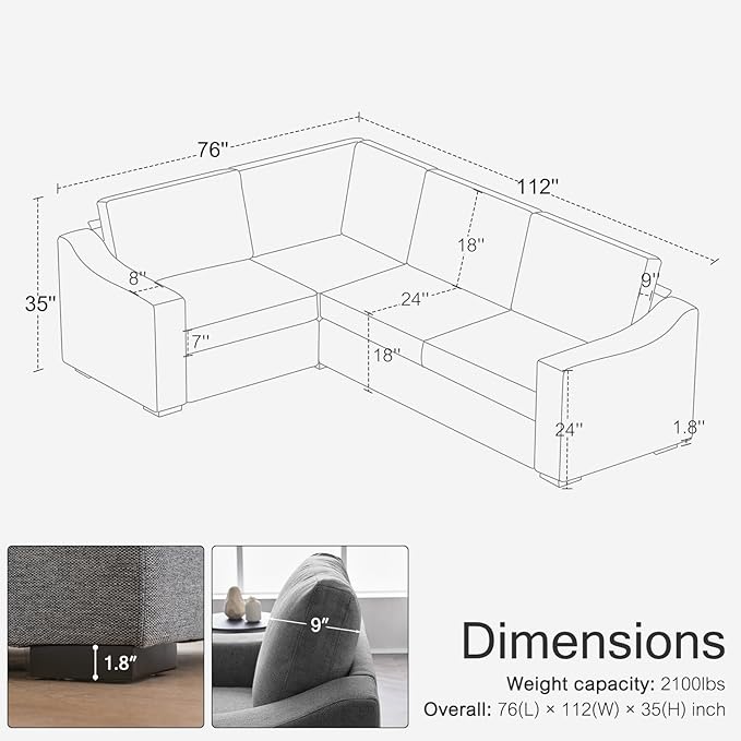 ELUCHANG Convertible Sectional Sofa, L Shaped Couch, Natural Linen Fabric Couches with Extra Deep Seats, Big Comfy Couch Upholstered Modern Corner Sofa for Living Room, Office, Grey
