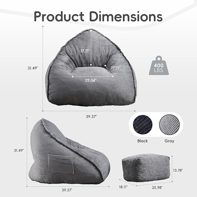 Cloud Bean Bag Chair with Ottoman for Adults, Comfy Corduroy Chaise Lounge Chair with High-Resilience Foam, Boneless Reading Chair for Bedroom & Living Room (Grey)