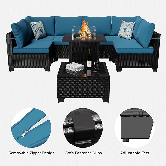 Ophelian 8 Piece Wicker Patio Furniture Set with Fire Pit Table, Rattan Outdoor Sectional Sofa, Patio Couch Set for Backyard, Garden, Deck (Coffee/Peacock Blue)