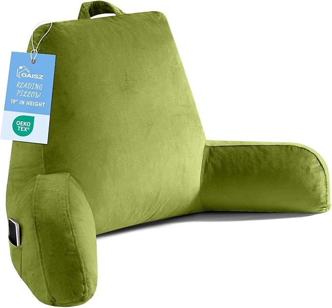 OAISZ Reading Pillow for Sitting in Bed Adult, X-Large Reading Pillow with Shredded Memory Foam, Back Pillow for Sitting Up with Extend Arms, Pockets, Bed Pillow with Washable Cover, FluorescentGreen