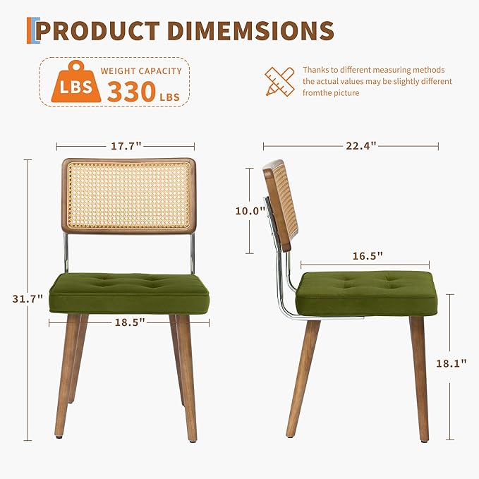 GarveeHome Natural Rattan Dining Chairs Set of 4, Velvet Upholstered Kitchen Chairs with Tall Cane Backrest and Strong Wood Legs for Dining Room, Kitchen, Restaurant, Green