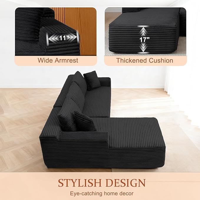HYJT-H&K Modular Sectional Sofa Cloud Sectional Couch, 95" Comfy Fluffy L Shaped Black Couches for Living Room, Deep Seat Memory Foam Plush Corduroy Boneless Couch Sectionals Left Facing Chaise Sofa