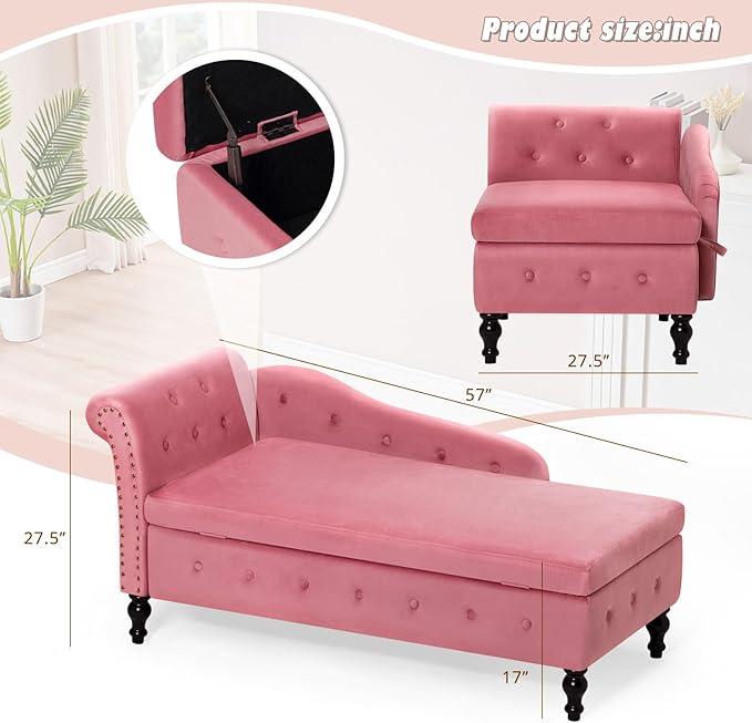 ACMEASE Upholstered Velvet Chaise Lounge with Left Armrest & Storage Space,Button Tufted Lounge Chair w/Lumbar Pillow,Modern Lounge Chair for Bedroom, Living Room and Office,Pink
