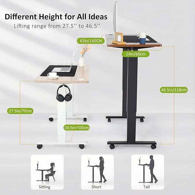 farexon Electric Standing Desk Adjustable Height, 63x24 Inches Computer Desk with Rolling Wheels, Mouse Pad,Multifunctional Stand up Desk for Home/Office(Oak Gray)