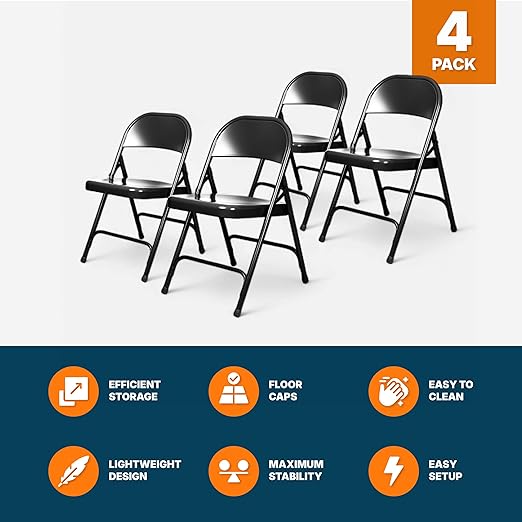 OEF Furnishings OEF50 Series All-Steel Heavy-Duty Folding Chairs with 500 lb Weight Capacity (4-Pack, Black)