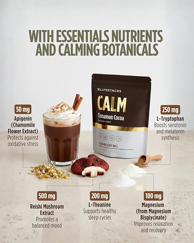 Lifestacks Calm Evening Tonic Sleep Powder - Cinnamon‑Cocoa Nighttime Superfood Drink Mix - Magnesium, L‑Theanine, Reishi Mushroom & L‑Tryptophan for Deep Sleep & Recovery, No Grogginess - 20 Servings