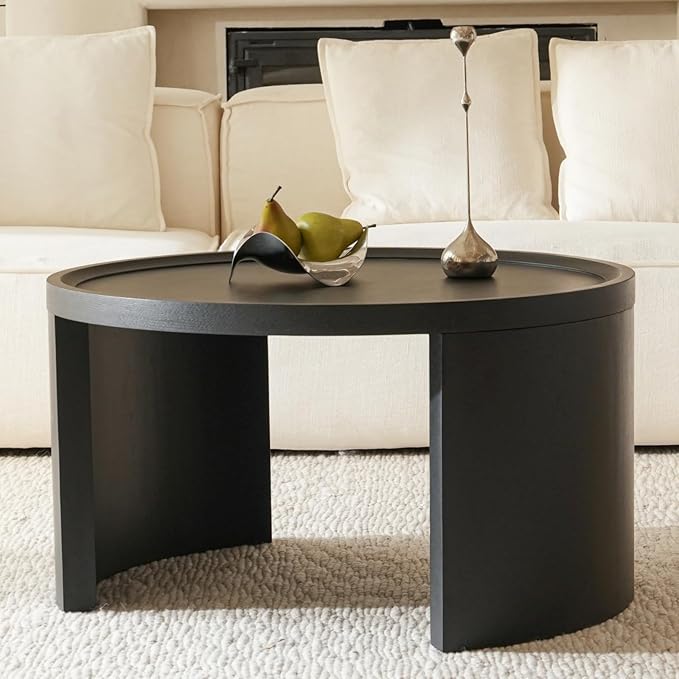 FAME HOME Round Nesting Coffee Table Set of 2,31.5" Large & 18" Small Low Tables with Wood Look Top,Space-Saving Side Tables for Living Room,Bedroom,Office,Minimalist Center Table Set (Black, L+S)