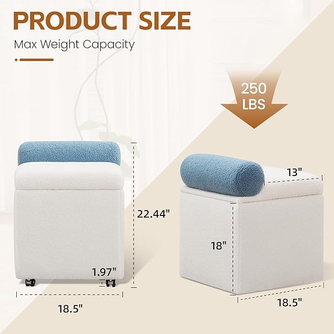 Boucle Vanity Chair with Storage, Swivel Vanity Stool with Safety Hinge, Upholstered Makeup Chair with Wheels, Square Ottoman Stool for Living Room, Dressing, Bedroom, White