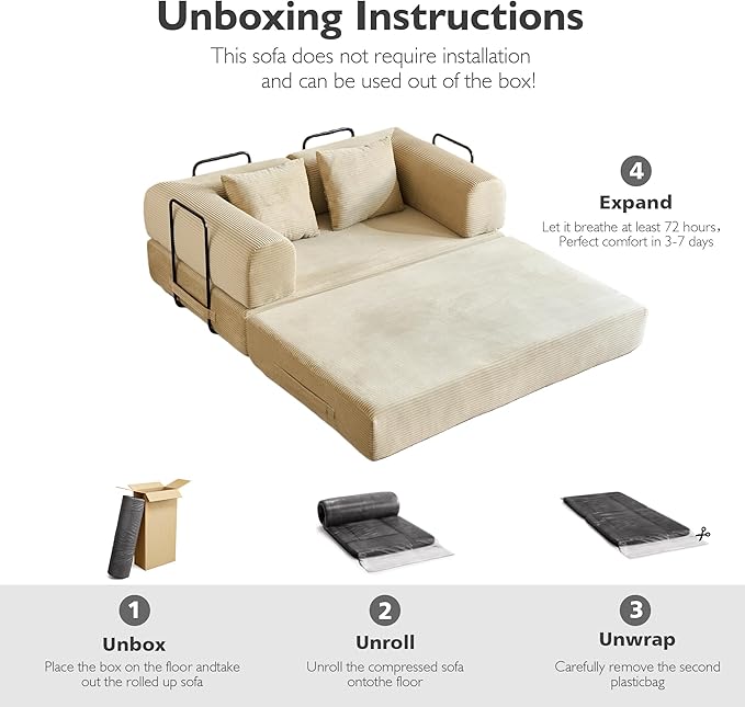 59 Inch 5-in-1 Convertible Sofa Bed, Corduroy Boneless Floor Couch with Fixed Frame & Pillow, Modular Folding Mattress Lounger for Small Space, Living Room, Bedroom - Easy Assembly(Beige)