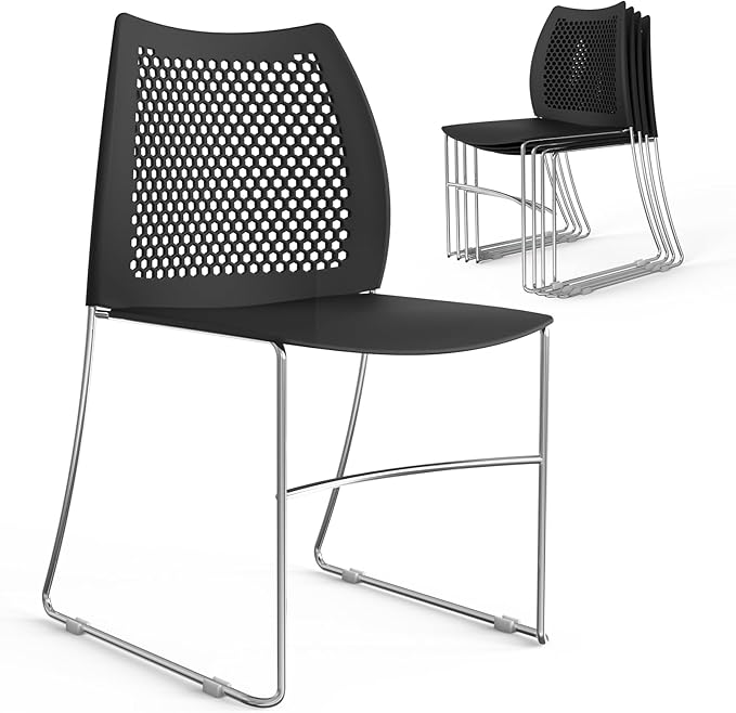 VINGLI Stacking Chairs Set of 5 Stackable Office Chairs with Metal Sled Base, Ergonomic Plastic Seat & Holes Back, Stacking Chairs for Waiting Room Break Room Banquet Guest, Black