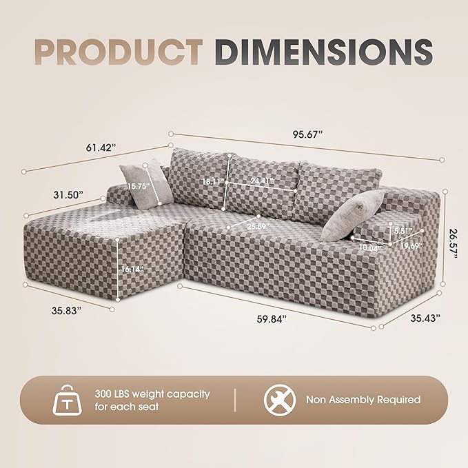 Modular Sectional Sofa Couches L-Shape Couch 3 Seat Modular Sofa Memory Foam Sectional Couches for Living Room, Cloud Couch with Oversized Chaise (Grey Check, 96" Left Facing Chaise)