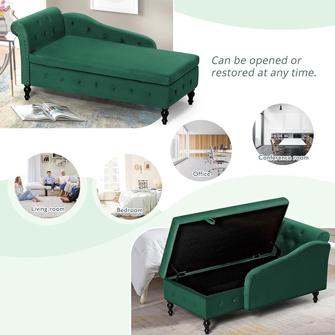 ACMEASE Upholstered Chaise Lounge with Left Armrest & Lumbar Pillow,Button Tufted Lounge Sofa with Storage,Lounge Chair Indoor,Modern Velvet Lounge Chair for Bedroom, Living Room and Office,Green