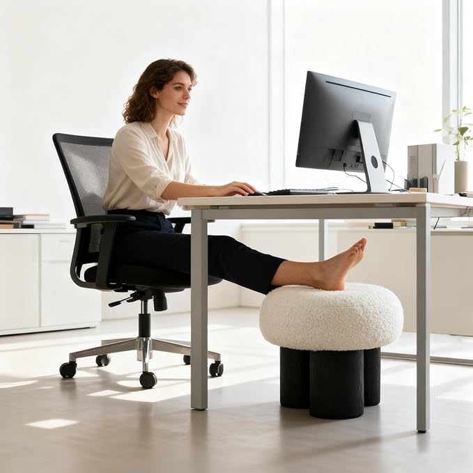 Round Foot Stool, Small Mushroom Ottoman Pouf Footstools Modern Boucle Ottoman Footrest Under Desk, Teddy Foot Rest for Couch Sofa Comfy Floor Step Stool for Living Room,Bedroom,Office(White)