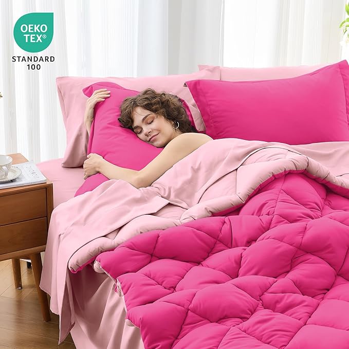 MUXHOMO 5 Pieces Twin XL Comforter Set, Reversible Bed in a Bag Twin XL Size, All Season Bedding Set with Comforter, Flat Sheet, Fitted Sheet, Pillowcases & Shams, Hot Pink & Baby Pink