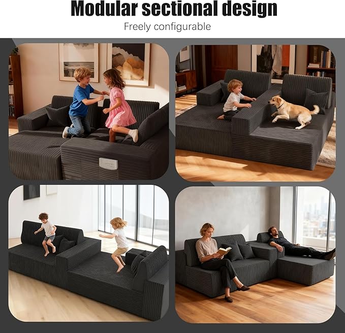 Komusou 110" Boneless Couch, Cloud Modular Sectional Sofa with L-Shape Chaise, Modern Upholstered Couches for Living Room Bedroom No Assembly Required (Grey, Left Facing Chaise)