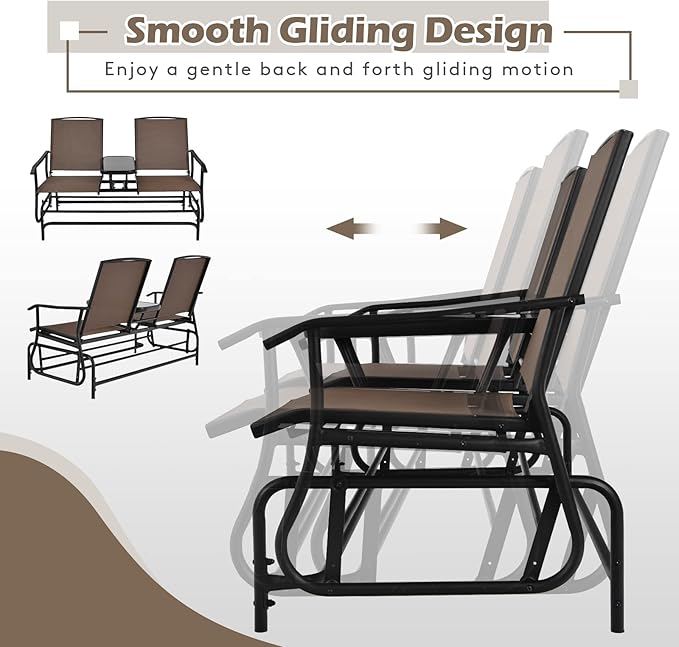 S AFSTAR 2-Person Outdoor Glider, Patio Glider Bench Chairs with Center Tempered Glass Table & Breathable Loveseat, Double Swing Glider Chair for Porch Garden Poolside Balcony Lawn (Brown)