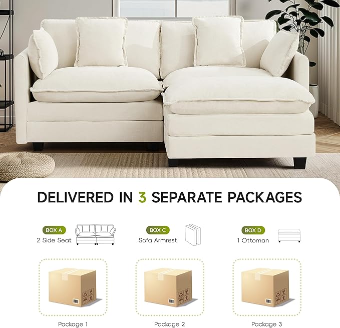 UMBFUN Cloud Couch Loveseat with Ottoman, Oversized Comfy Modular Sectional L Shaped Sofa with Deep Seat Cushions, Chenille 2-Seater Lounge Set for Living Room, Beige