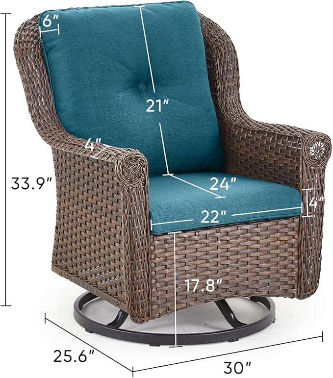 ACTREST Patio Chairs Outdoor Swivel Glider - Set of 2 High Back Outside Brown Wicker Rattan Rocking Chair with Zippered Cushion for Porch Apartment Deck Yard Poolside Garden - Peacock Blue