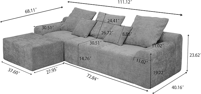 111.2" Boneless Couch,Cloud Sectional Sofa with L-Shape Chaise,No Assembly,High-Density Memory Foam,Chenille Comfy Sofa for Living Room, Bedroon and Apartment (Grey)