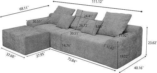 111.2" Boneless Couch,Cloud Sectional Sofa with L-Shape Chaise,No Assembly,High-Density Memory Foam,Chenille Comfy Sofa for Living Room, Bedroon and Apartment (Grey)