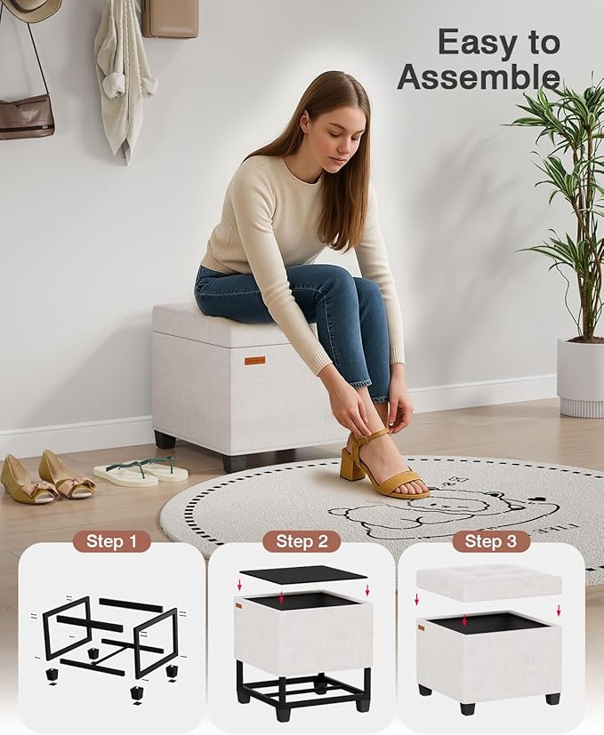 ABHENG 17.7 inches Chenille turfed Ottomans Cube with Storage, Metal-Framed Square Storage Ottoman Foot Rest Stool Holds 770 LB for Dorm Living Room Bedroom White UASND641W