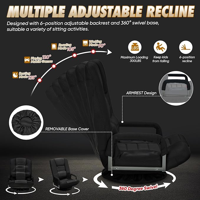 Swivel Gaming Chair 360 Degree Multipurpose Floor Chair w/Armrest & 6 Adjustable Postions Backrest for Adults & Kids, for Reading, Gaming, Watching, Relaxing, Black