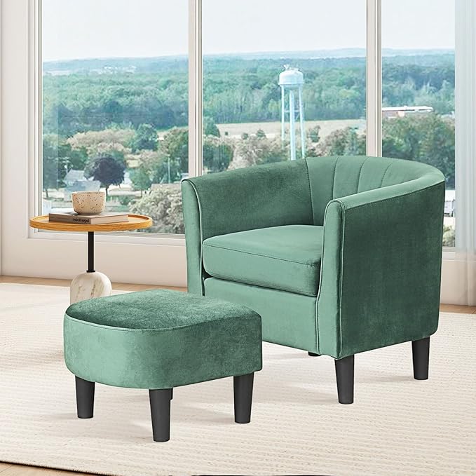 GOFLAME Accent Chair with Ottoman, Modern Velvet Fabric Barrel Chair with Footrest, Curved Backrest, Removable Seat Cushion, Upholstered Club Tub Sofa, Reading Armchair for Living Room, Bedroom, Green