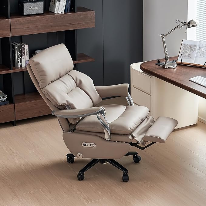 EMIAH Ergonomic Office Chair with Foot Rest Electric Executive Office Chair Reclining with Massage Big and Tall High Back Computer Chair with Wheels, Genuine Leather (Light Khaki)