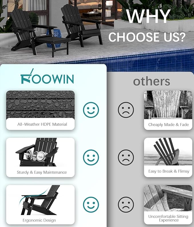 FOOWIN Adirondack Chair Set of 8, Folding Adirondack Chair with Cup Holder, HDPE All-Weather Fire Pit Chair for Patio, Garden, Backyard, Poolside, Black