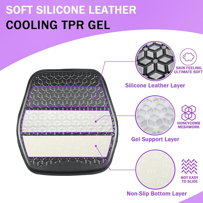 Binsheo Thin Gel Seat Cushion for Car Seat, Office Chair, Wheelchair, Golf Cart - Non-Slip Car Seat Cushions with 0.7 Inch Gel - Sciatica & Coccyx Pain Relief (Leather, Black)