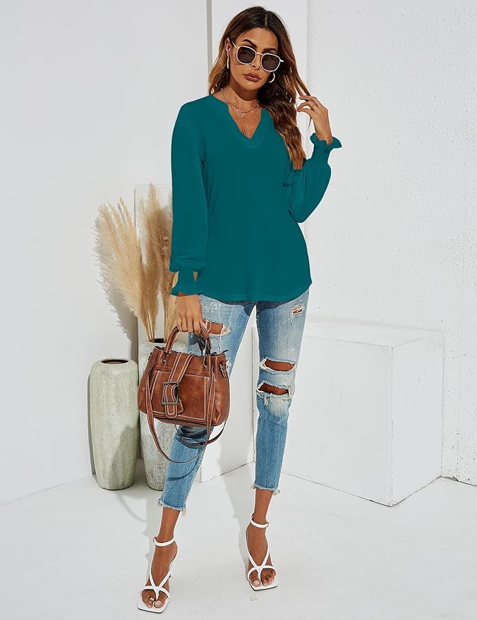 Romanstii Women's Casual V-Neck T-Shirts Loose Puff Long Sleeve Tops Tunic Blouses