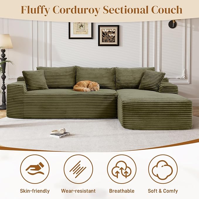 95" Boneless Cloud Sectional Couches for Living Room, Comfy Fluffy L Shaped Memory Foam Deep Seat Boneless Couch, Modular Sectional Sofa with Right Facing Chaise, Olive Green